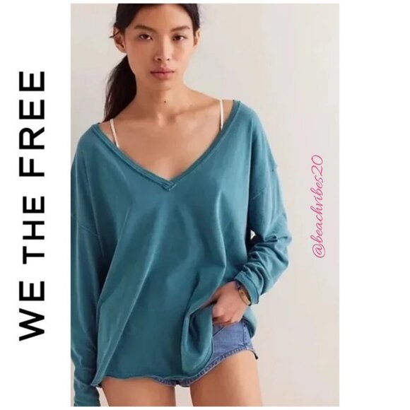 WE THE FREE BY FREE PEOPLE Nina V-Neck Long-Sleeve Tee Harbor Teal - Picture 1 of 3